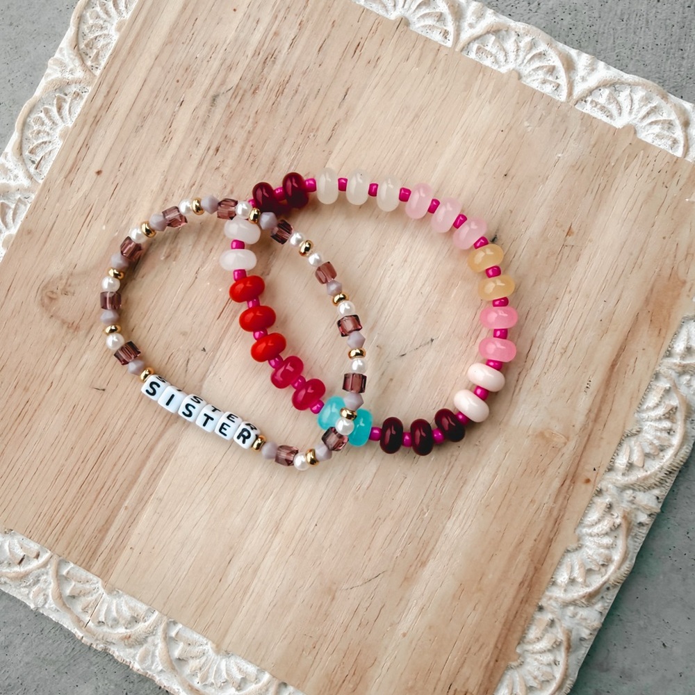 Kids Pink & Red Beaded 'Sister' Stretch Bracelet Set